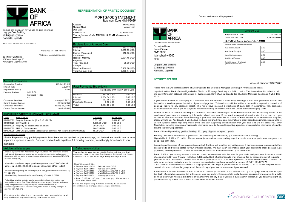 Download Uganda Bank of Africa mortgage statement in Word and PDF formats, 3 pages 1 2 Photoshop template